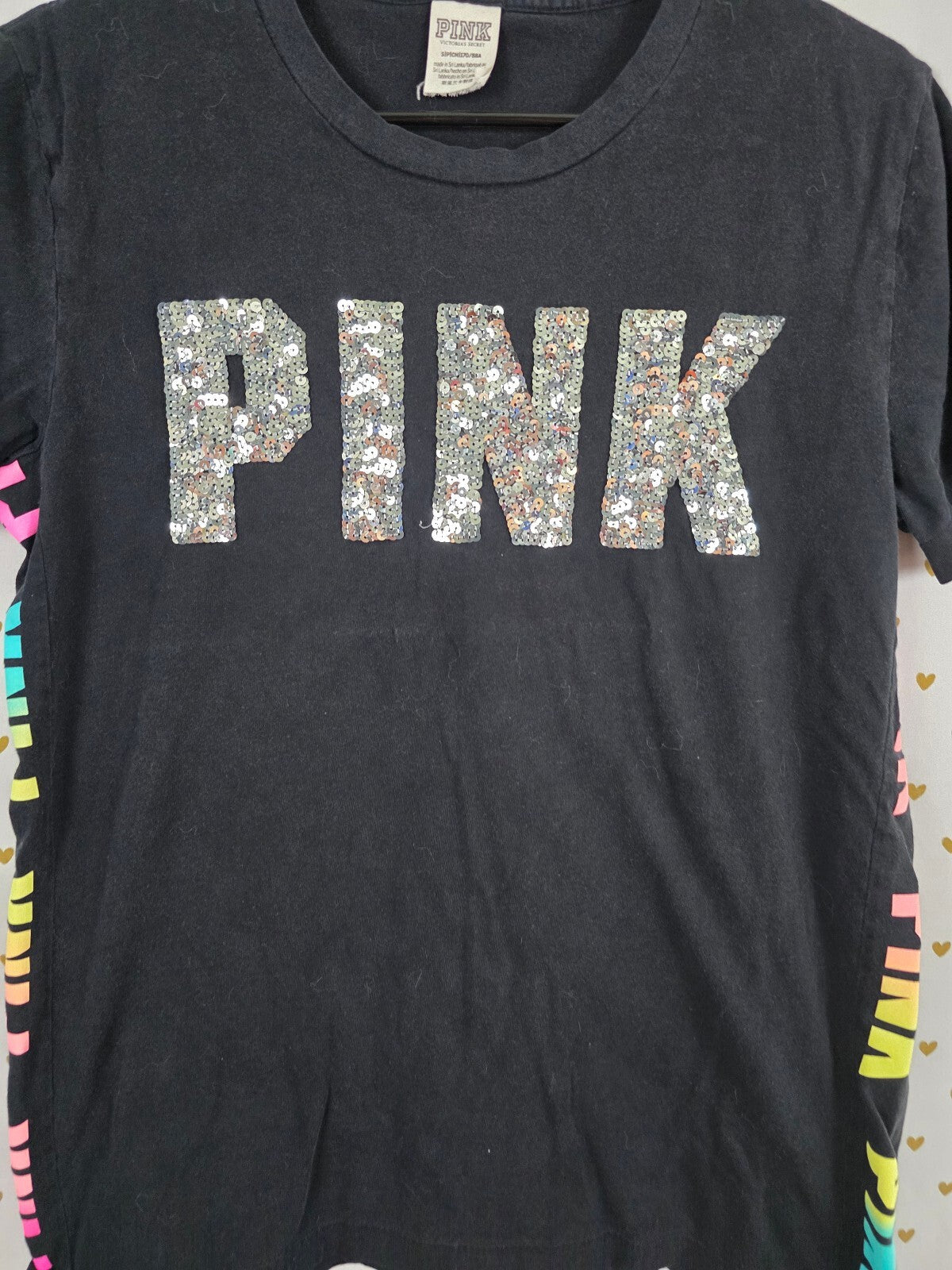 Victorias Secret PINK HTF Rainbow Logo Bling Sequined Tee shirt Small