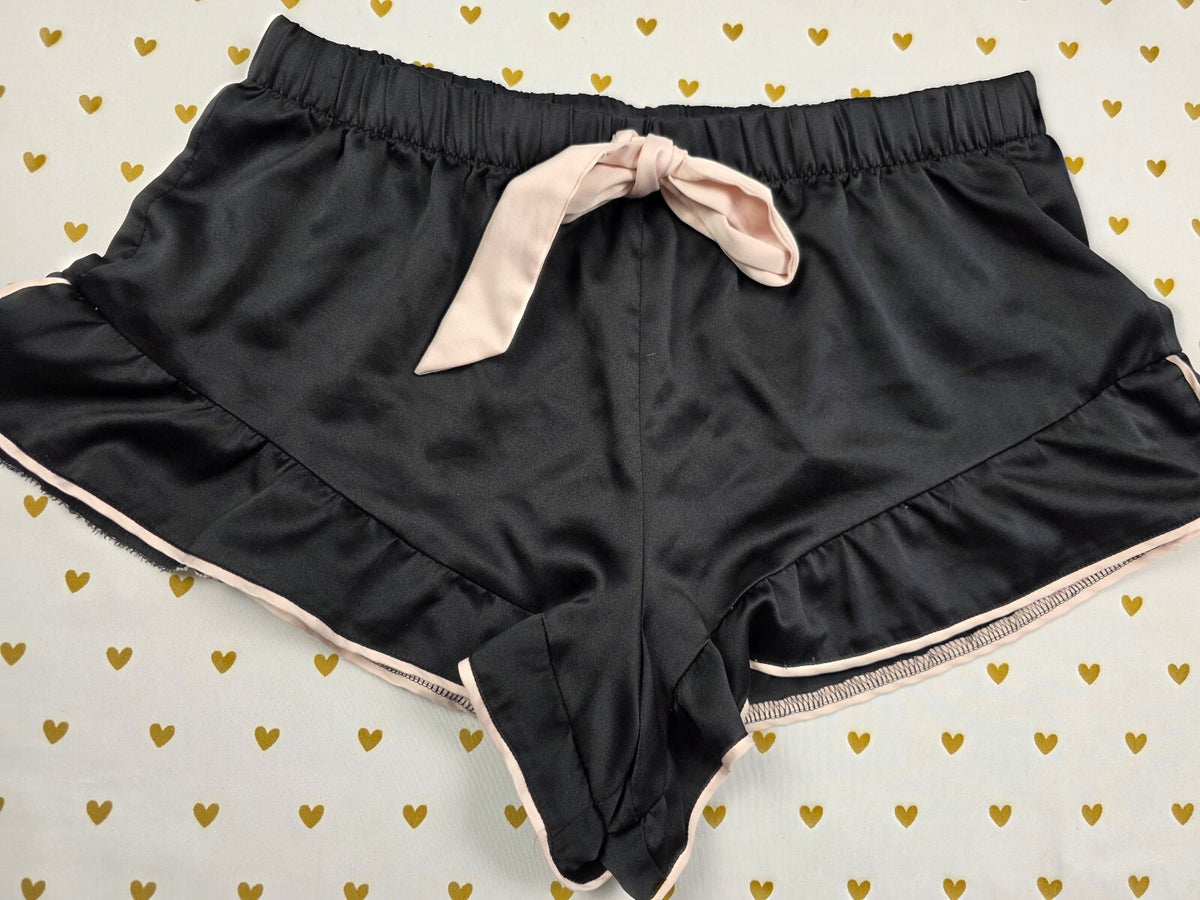 Victorias Secret Black Satin Ruffle Medium Sleep Shorts Boxers Pajama Bottoms