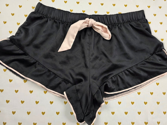 Victorias Secret Black Satin Ruffle Medium Sleep Shorts Boxers Pajama Bottoms