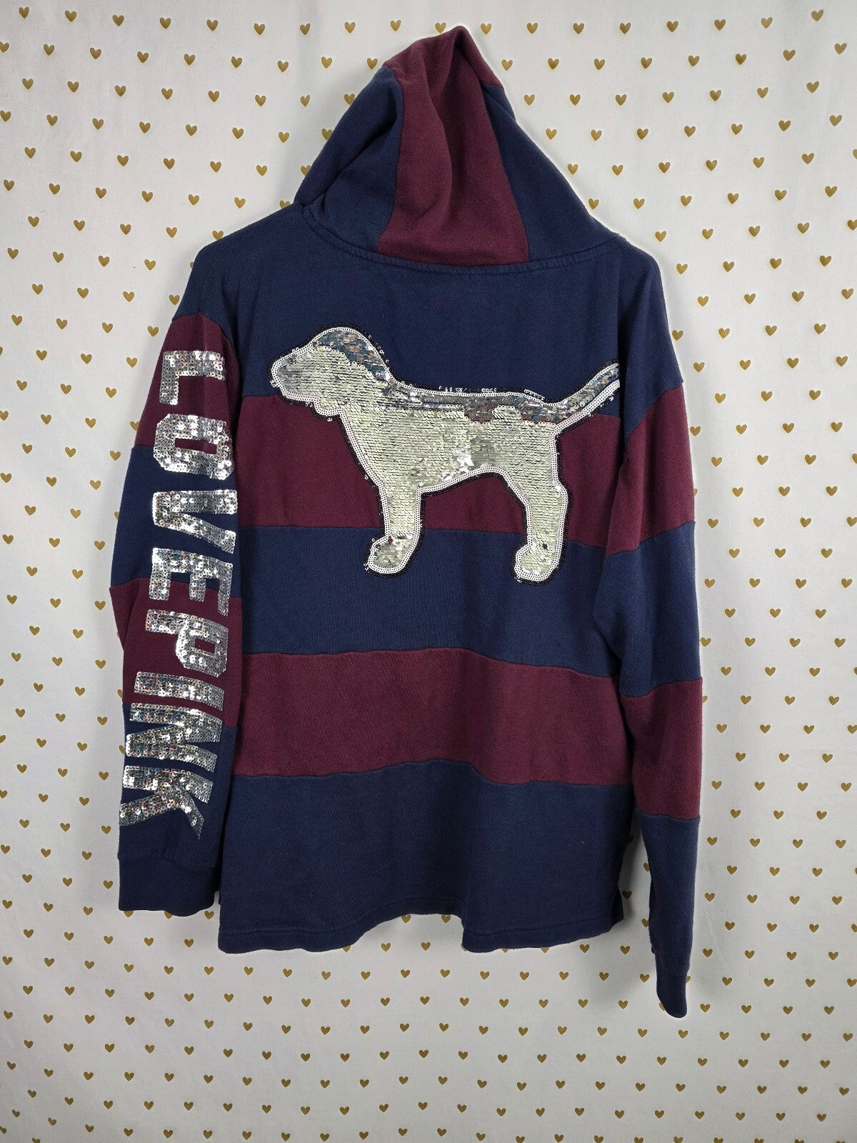 Victorias Secret Pink Bling Dog Logo Striped Hooded Sweater Shirt Medium