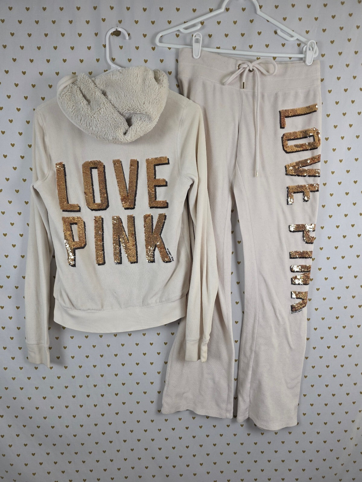Victoria's Secret PINK Gold Bling LOVE PINK Sherpa Hoodie Yoga Pant Set XS S FUR