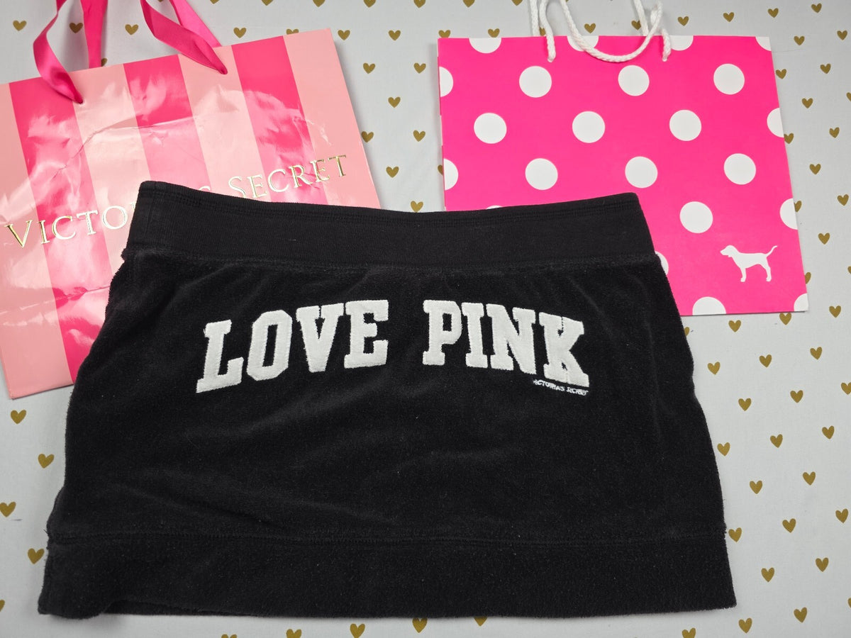 Vintage 2008 VS PINK Love Pink Velour Mini Skirt Peace Sign Black Small Y2K