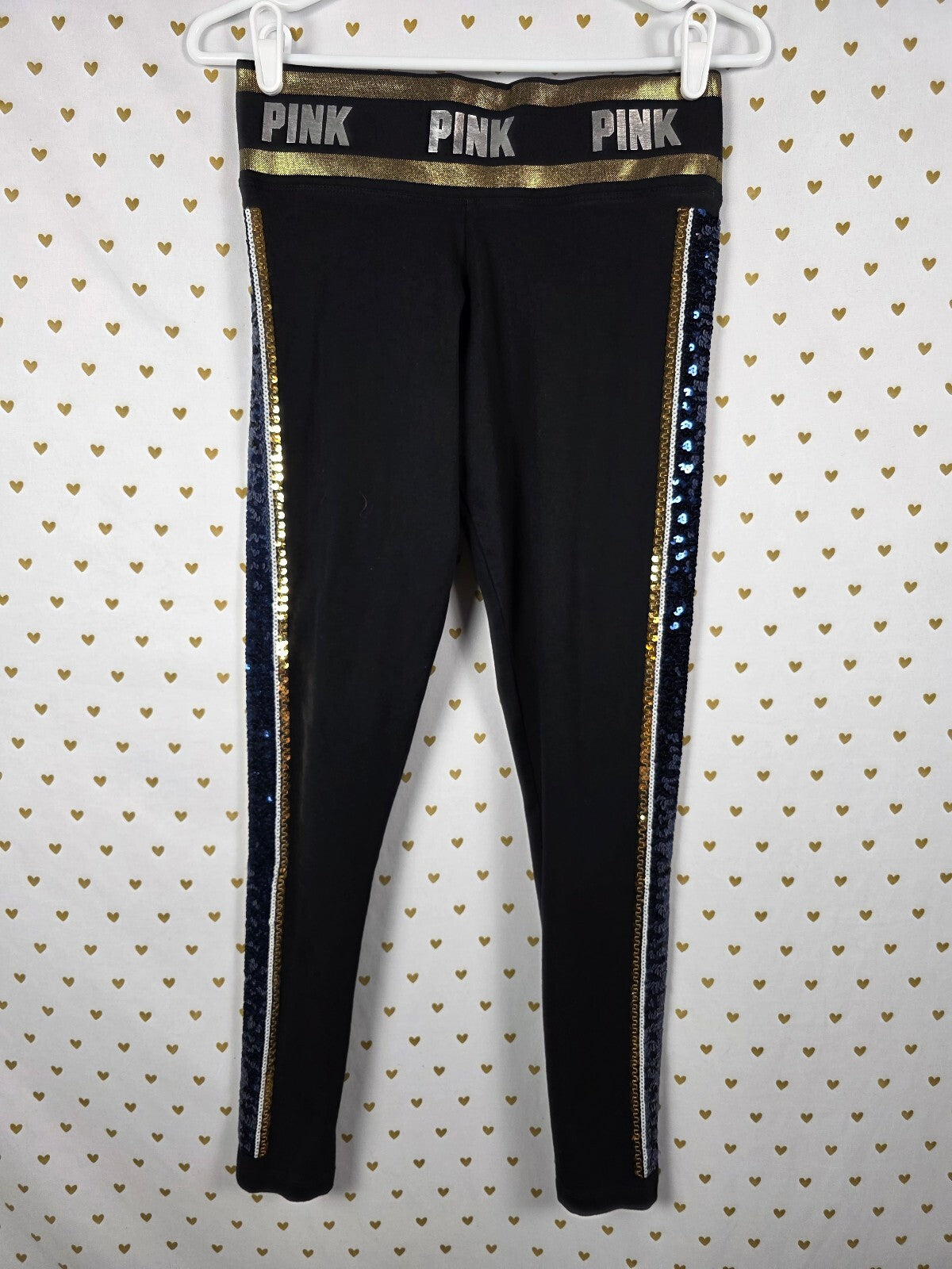 Victorias Secret PINK BLING STRIPE Yoga Pants Sequin Gold Blue SMALL
