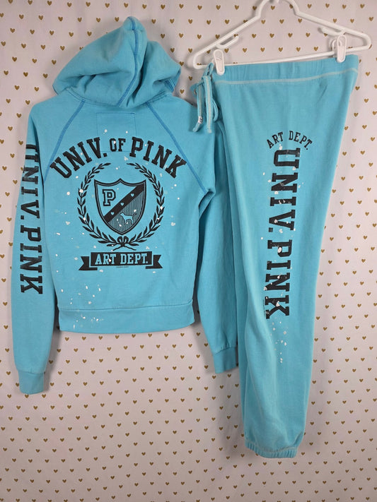 Vintage VS PINK Art Dept Hoodie Sweatpants Set XS Aqua Paint Splatter 1986