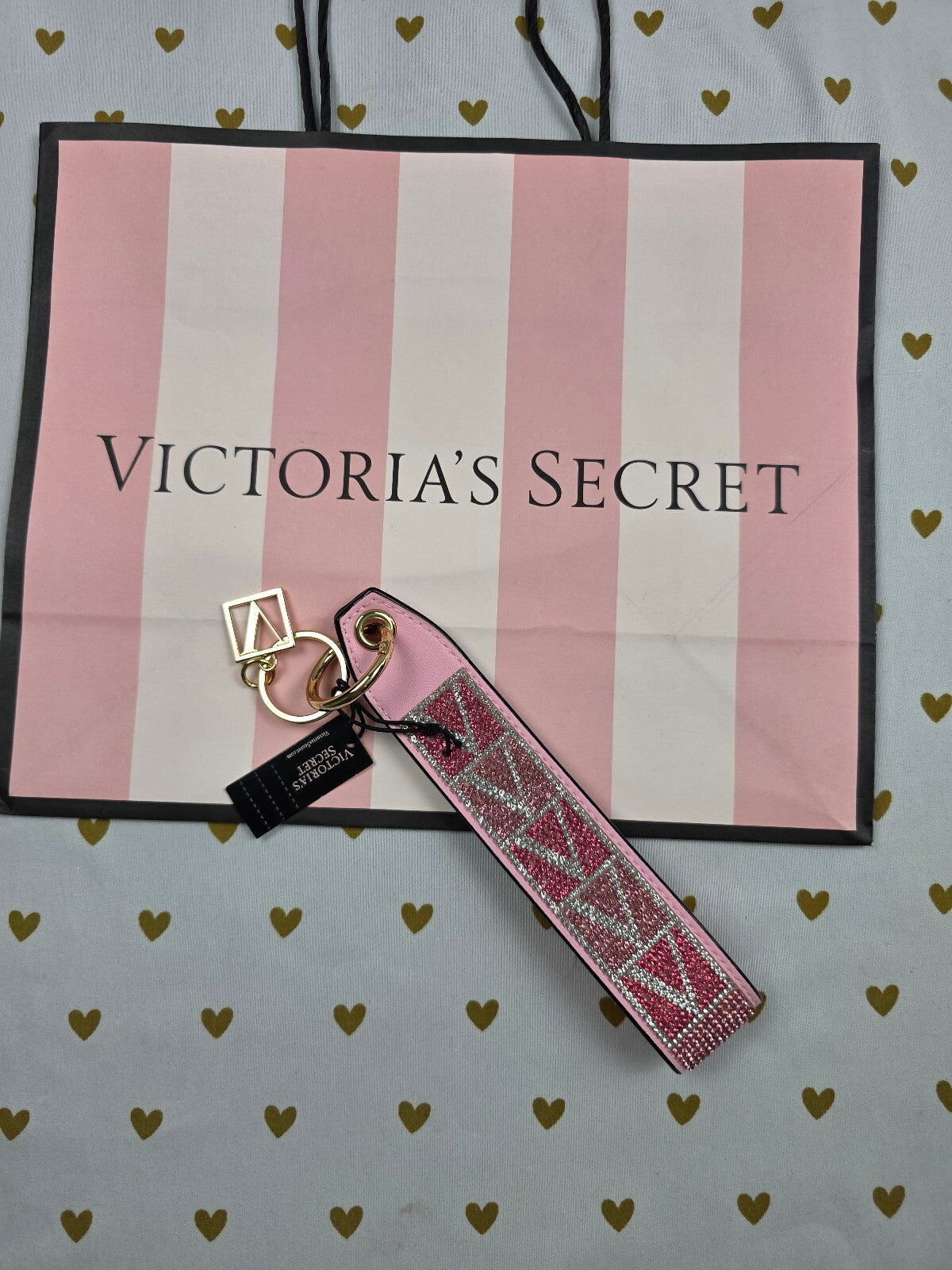 Victoria Secret BLING wristlet strap keychain Logo Studded Handle Rhinestone NEW