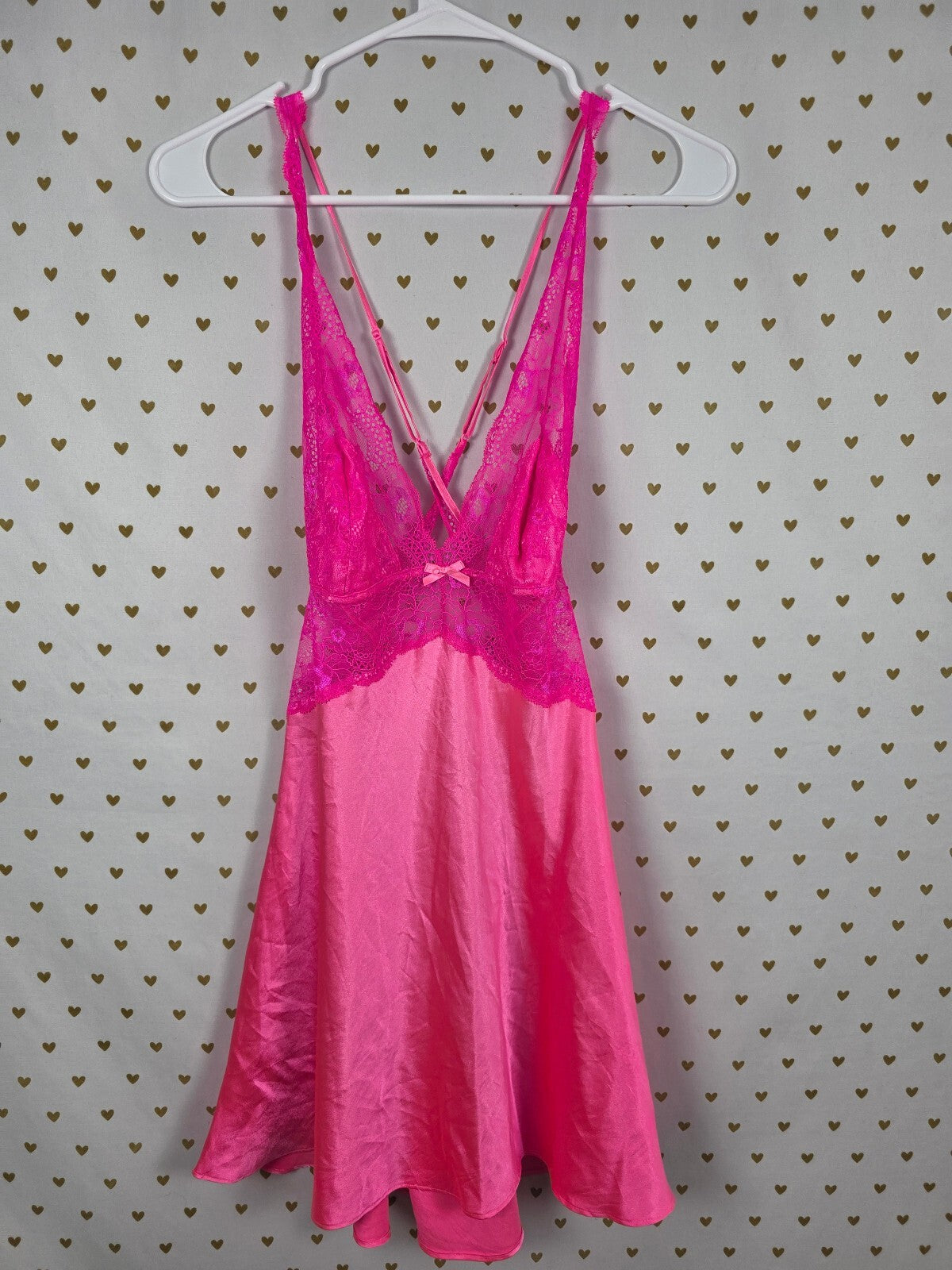 Victorias Secret Hot Pink Satin Slip Dress NIghtie Lingerie Lace Medium