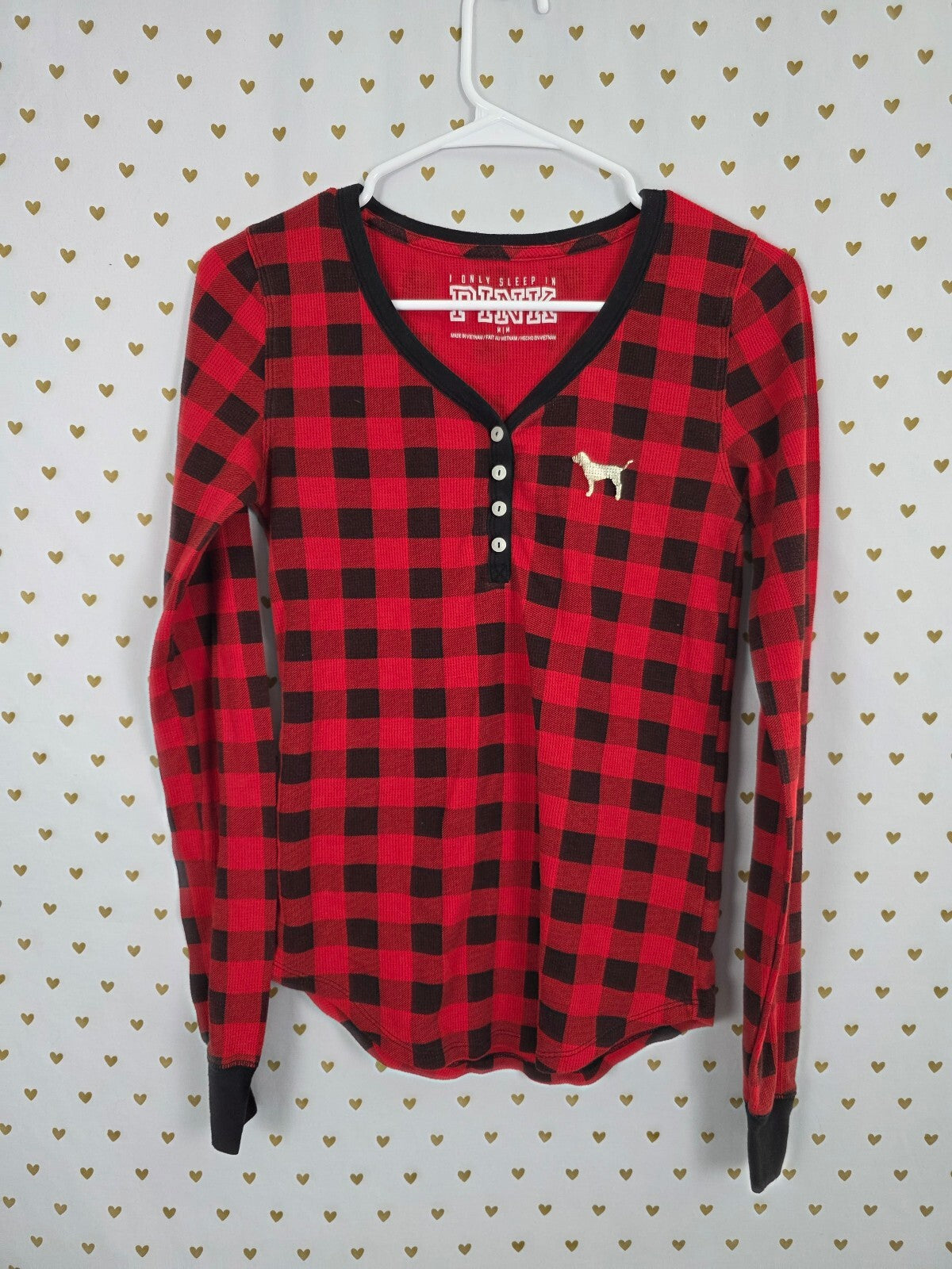 Victorias Secret PINK Buffalo Plaid Check Thermal Henley Long Sleeve Shirt M