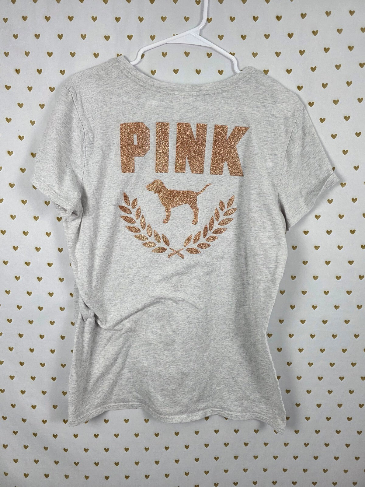 Victorias Secret PINK Gold Glitter Crest Logo Tee shirt Pocket XL