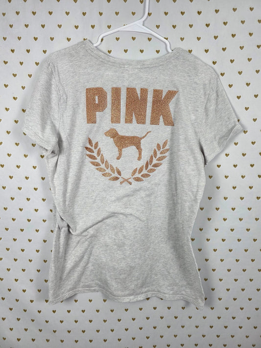 Victorias Secret PINK Gold Glitter Crest Logo Tee shirt Pocket XL