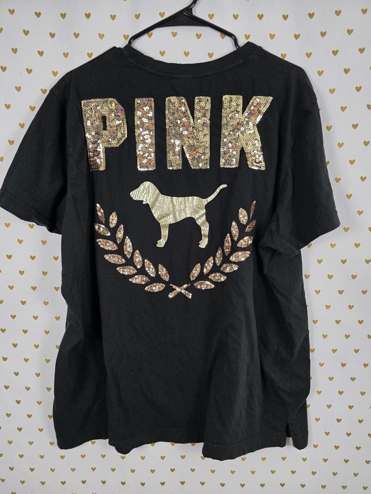 Victorias Secret PINK Black Gold Bling Logo Tee shirt Crest Sequined XXL 2XL
