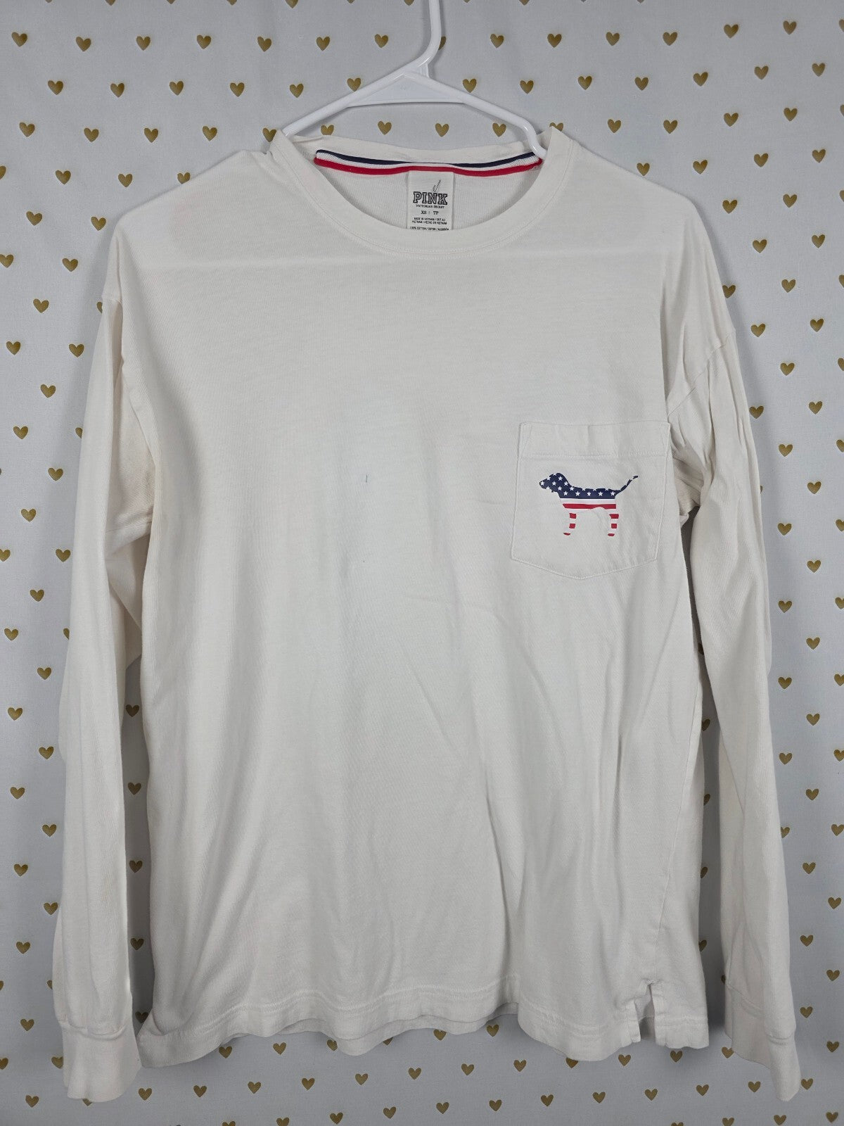 Victorias Secret PINK USA American Flag Dog Logo Long Sleeve tee Shirt XS