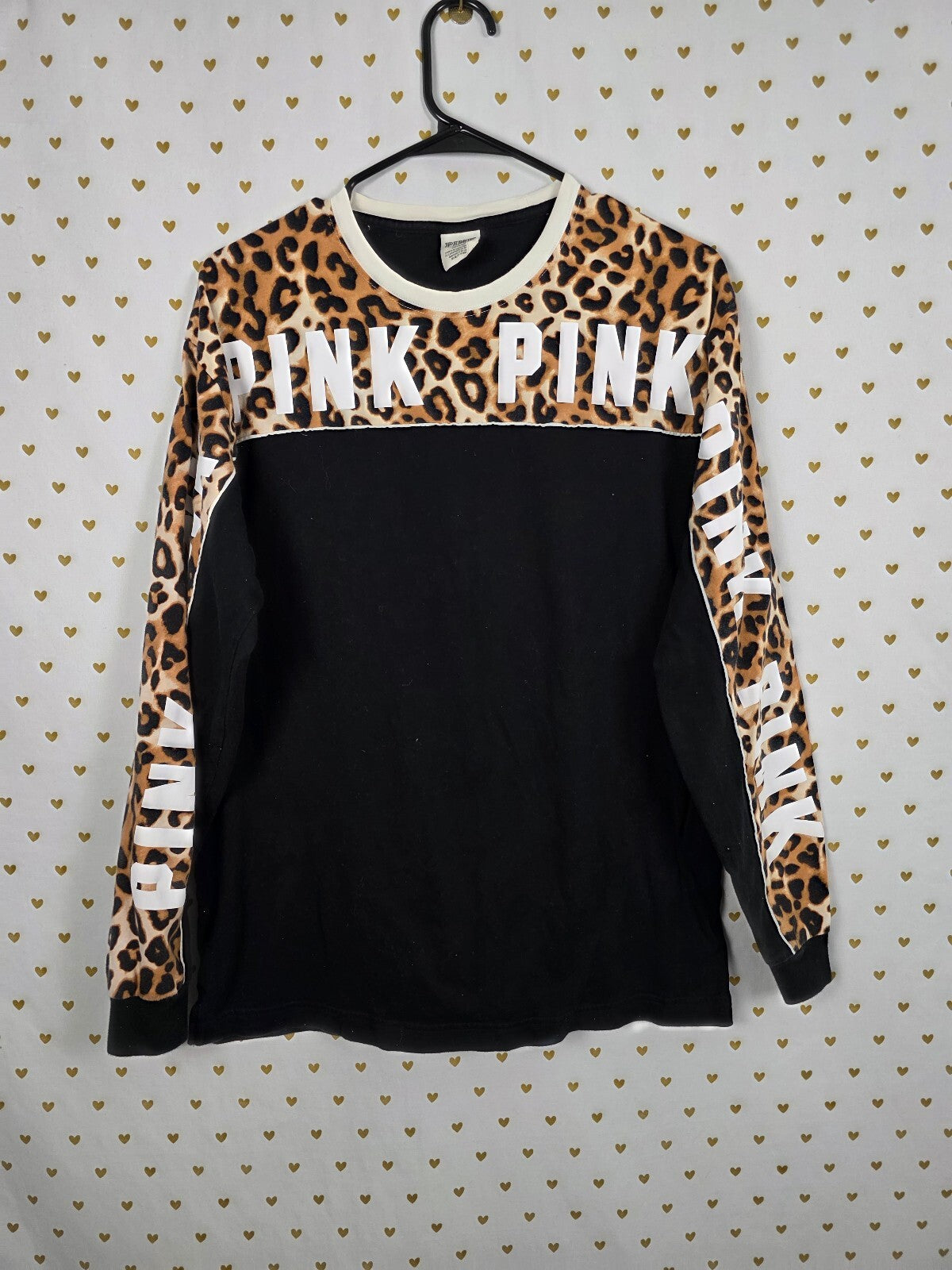 Victorias Secret PINK Leopard Cheetah Logo Long Sleeve Tee shirt MEDIUM