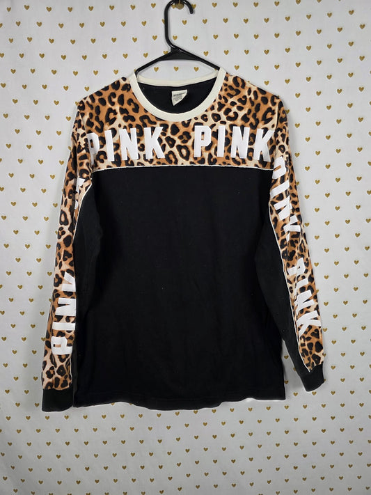 Victorias Secret PINK Leopard Cheetah Logo Long Sleeve Tee shirt MEDIUM