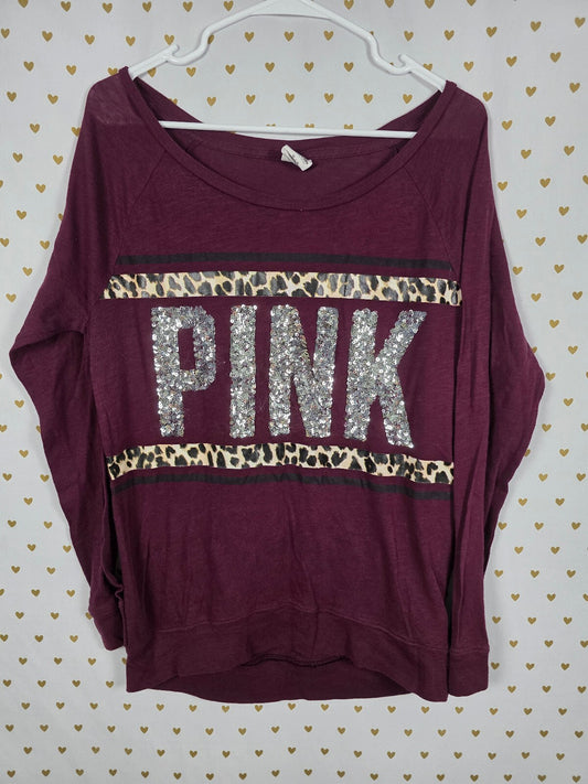 Victorias Secret PINK Bling Sequin Leopard Stripe Long Sleeve Tee shirt MEDIUM