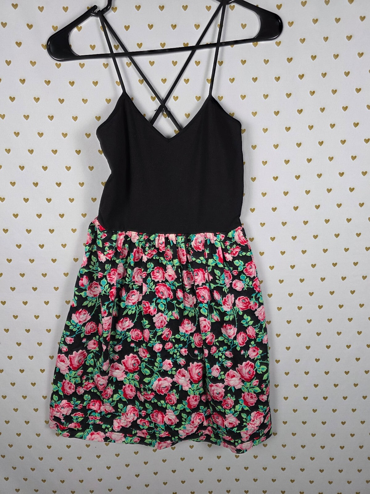 PINK Victoria's Secret Floral Skater Dress Criss Cross Back Black SMALL
