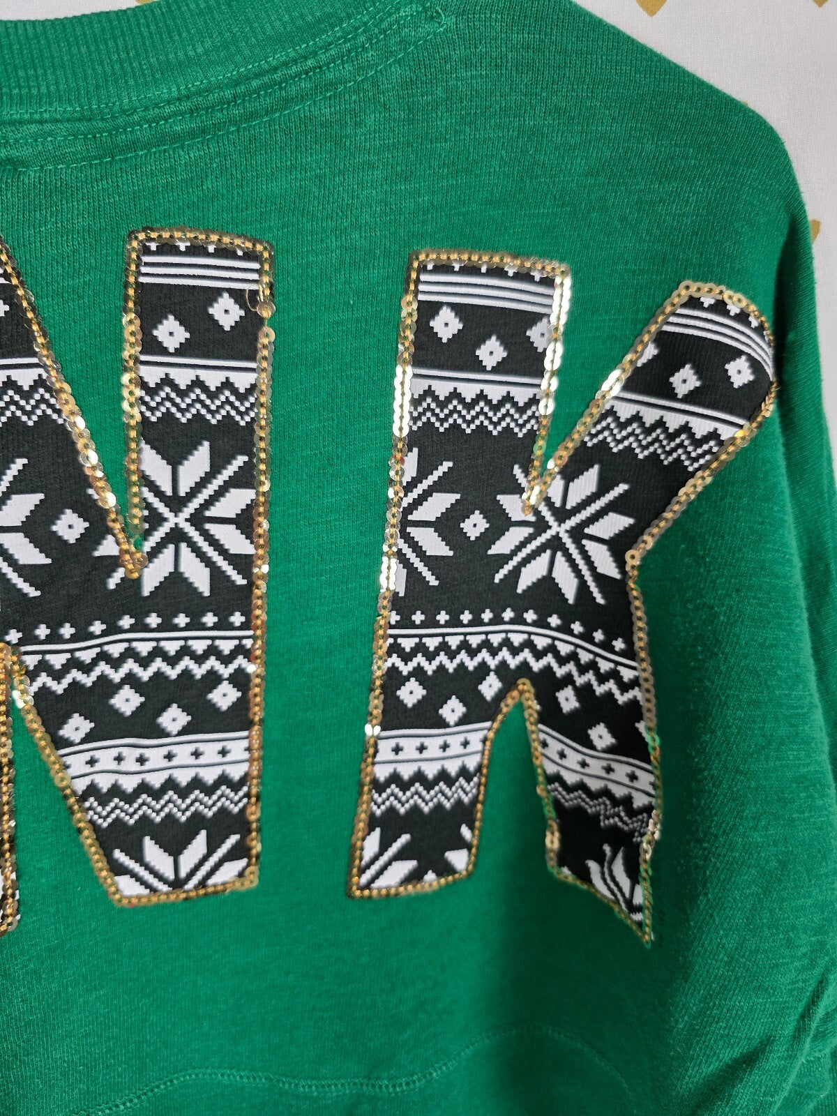 Victorias Secret Pink GREEN Bling Sequined HTF Sweater Shirt XS Oversized