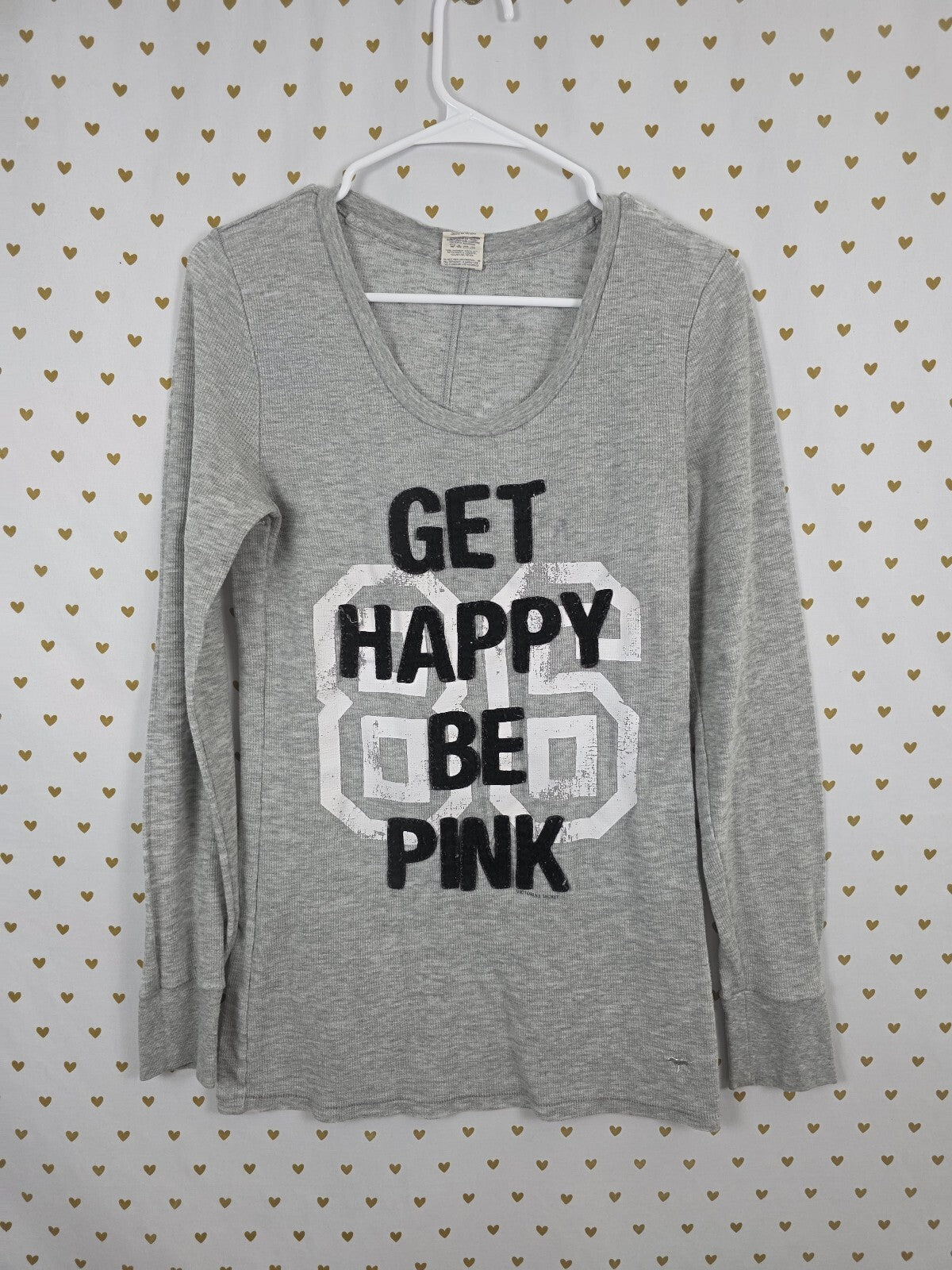 Victorias Secret PINK Thermal Long Sleeve Get Happy BE Pink Shirt Large