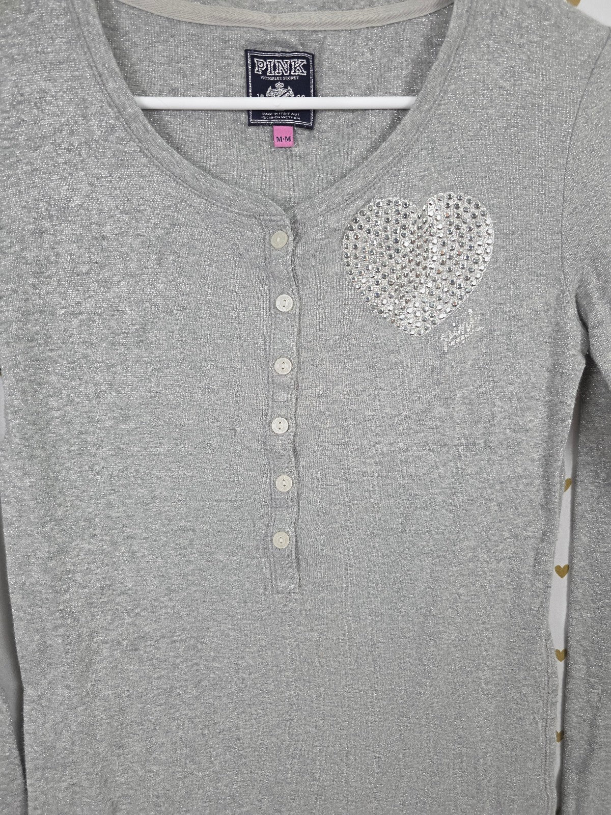 Victorias Secret PINK Vintage Y2k Grey Shimmer Bling Henley Long sleeve Shirt M