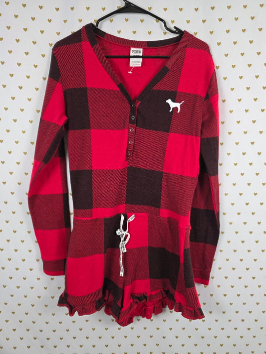 Victorias Secret Buffalo Plaid PINK Checkered Sleep Romper Logo Back Outfit L