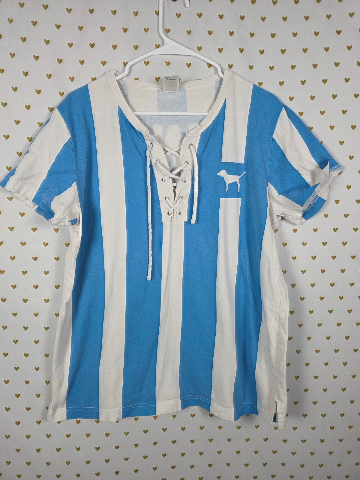 Vintage Victoria's Secret PINK Blue White Stripe Lace Up Dog Tee Shirt Large
