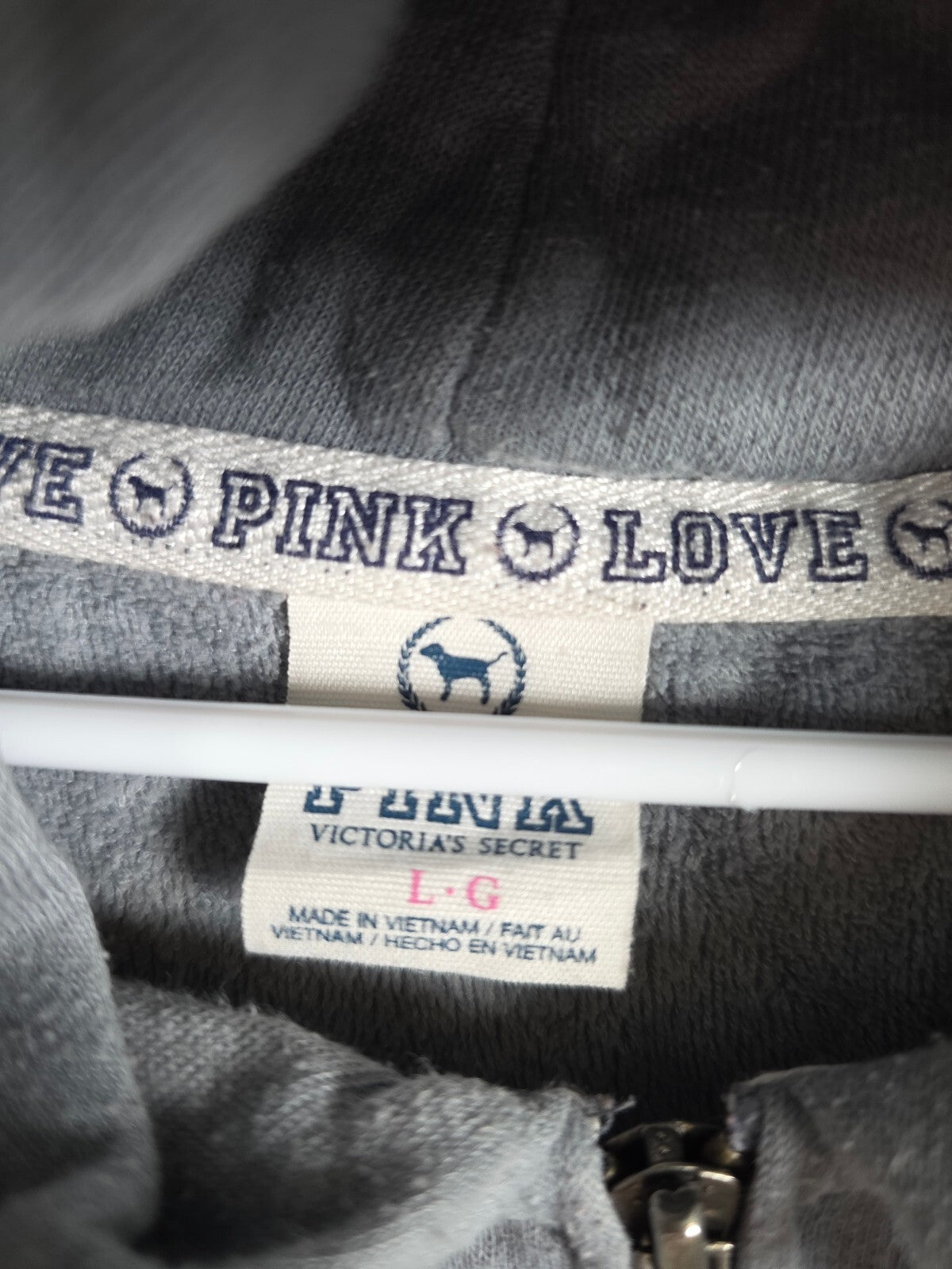 Victorias Secret Pink Full Zip LOVE  Vintage Grey Jacket Hoodie LARGE