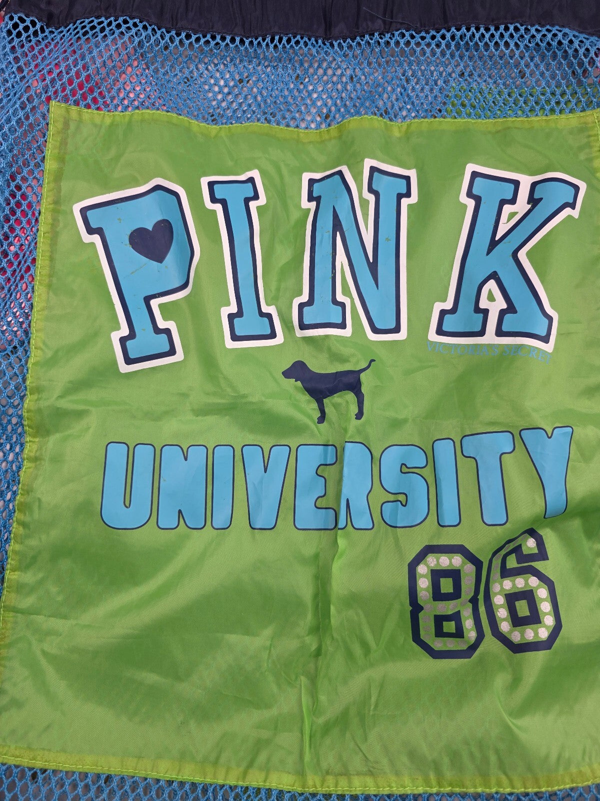 2007 VS PINK University 86 Mesh Laundry Bag Blue Green Dog BLING Vintage