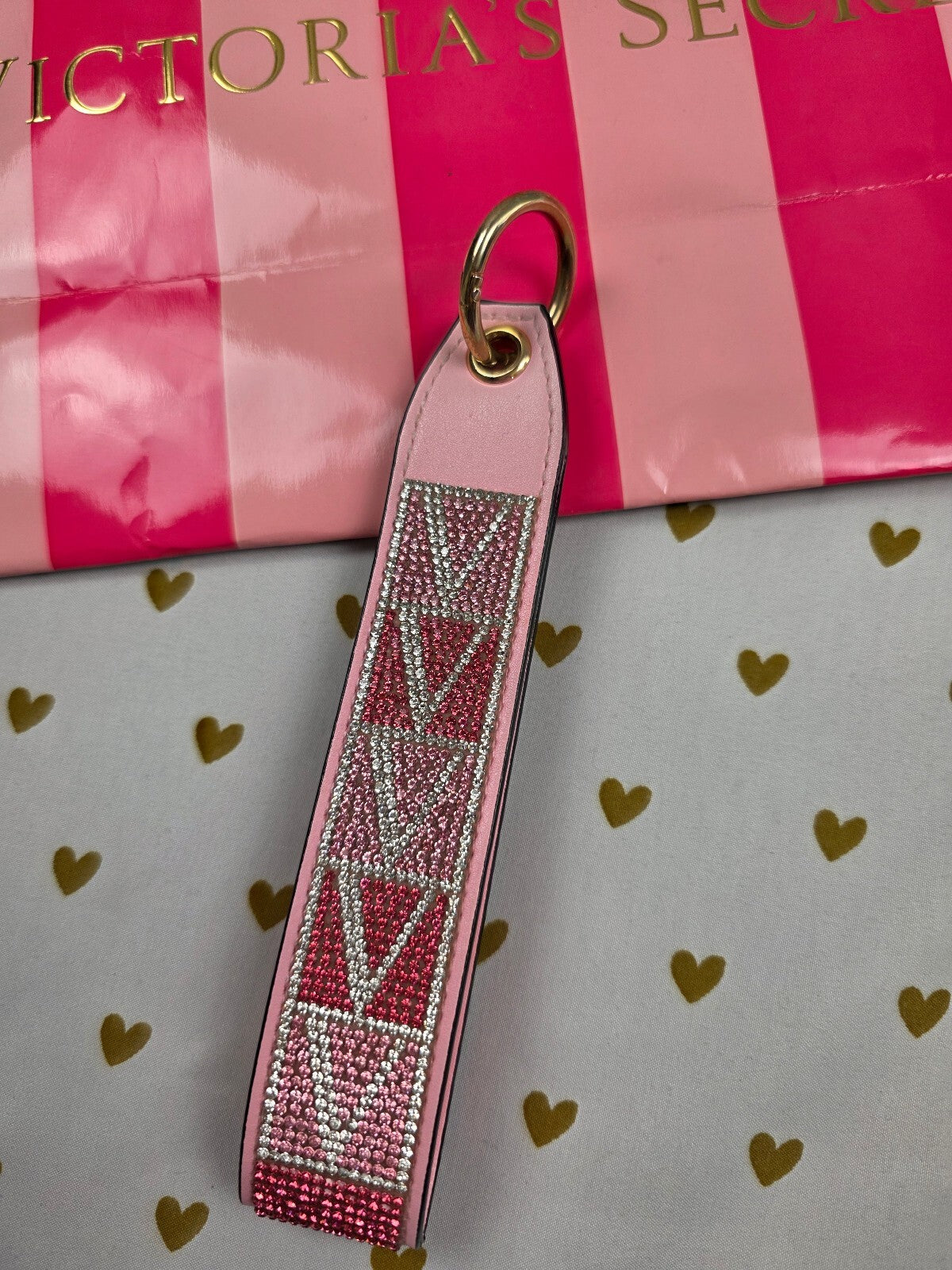 Victoria Secret Gradient wristlet strap keychain Logo Bling Studded Pink