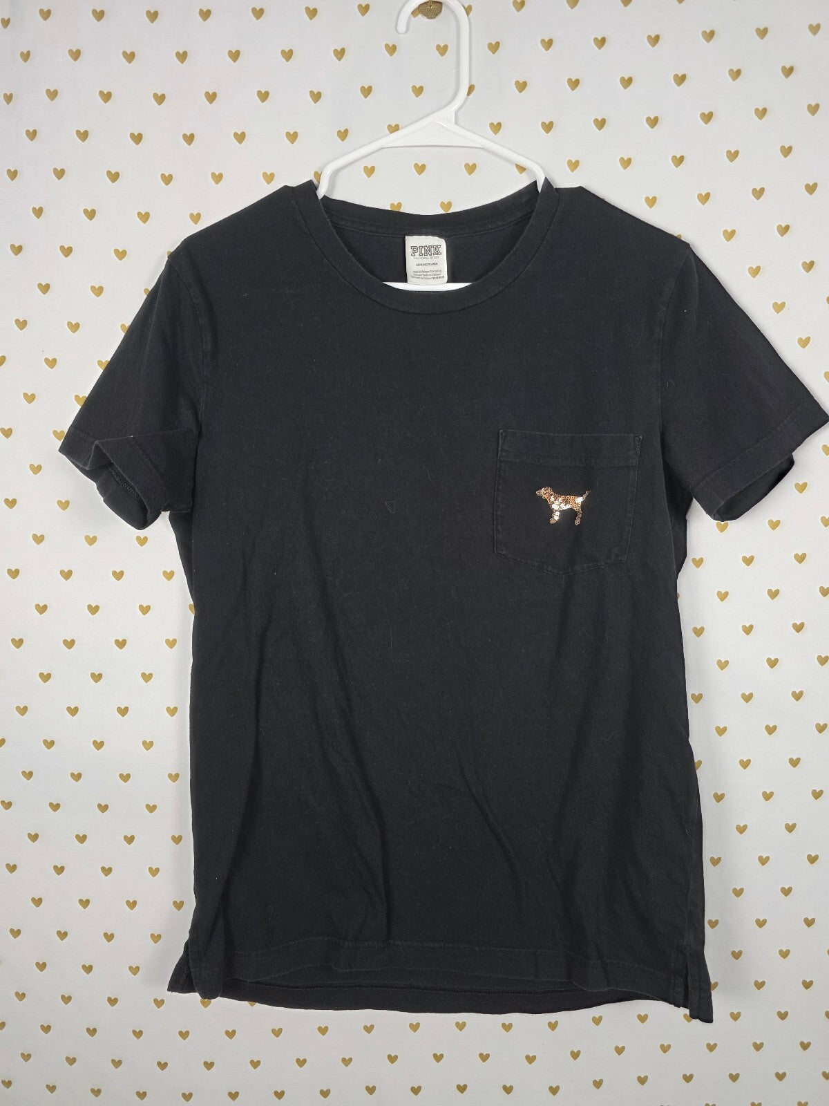 Victorias Secret PINK BLING GOLD Sequin Pocket Tee Shirt black SMALL