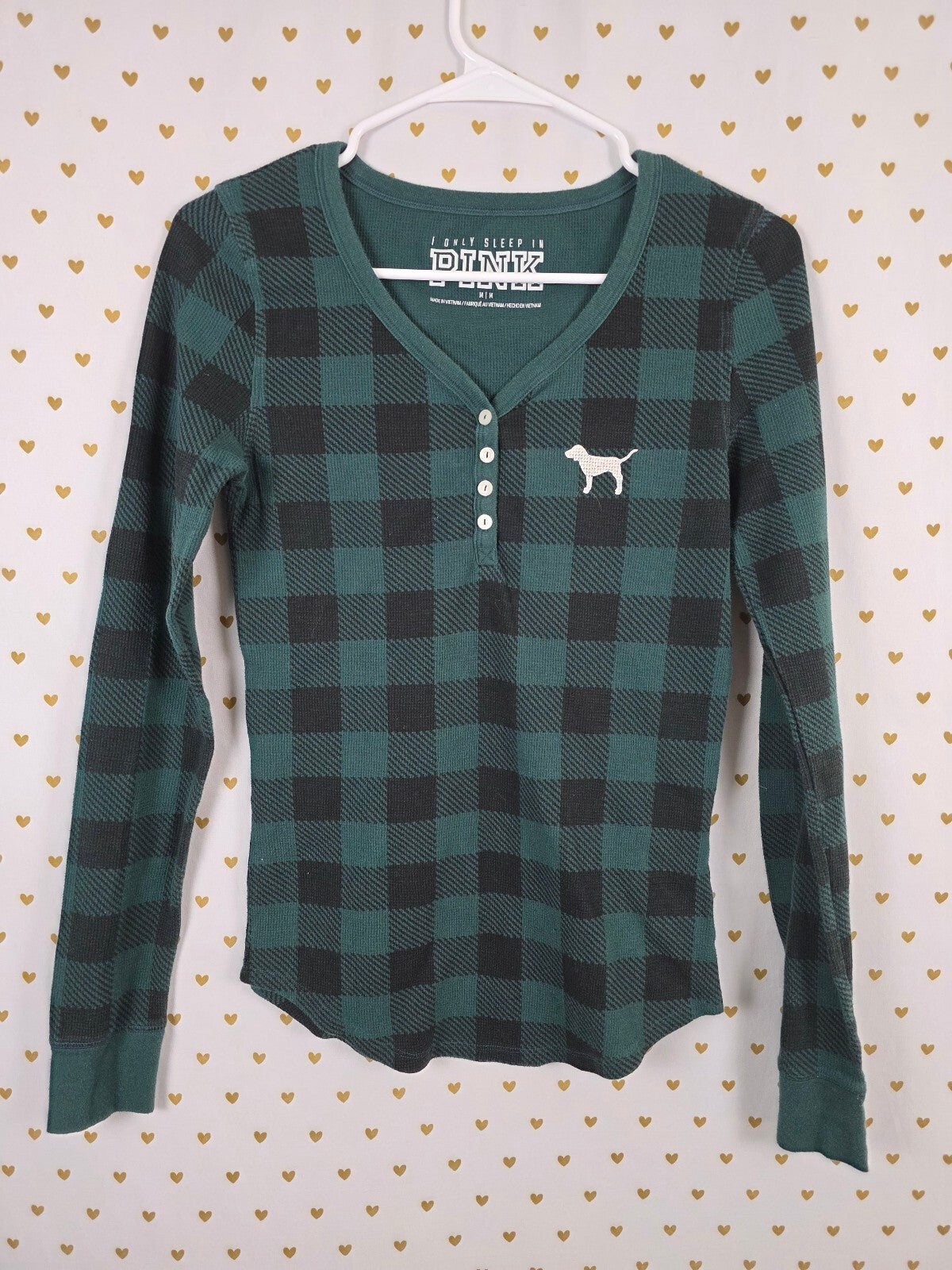 Victorias Secret PINK Green Buffalo Plaid Long Sleeve Thermal Henley Medium
