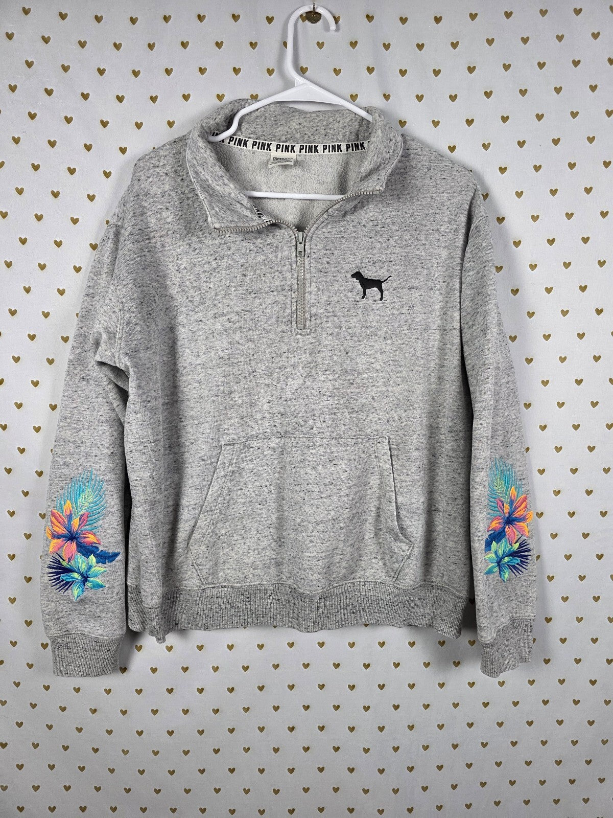 Victoria's Secret PINK Gray Tropical Floral Sleeve 1/4 Zip Sweatshirt Large