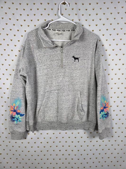 Victoria's Secret PINK Gray Tropical Floral Sleeve 1/4 Zip Sweatshirt Large
