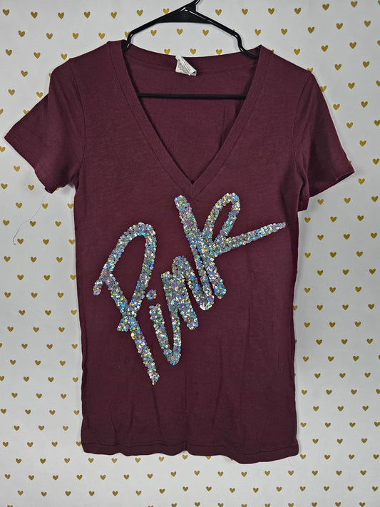 Victorias Secret PINK Maroon Bling Sequined V neck tee shirt Small