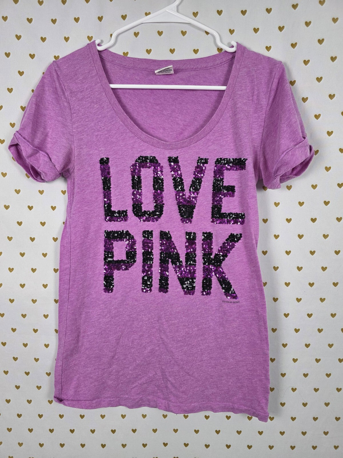 Victorias Secret PINK LOVE BLING Sequined Stripe Purple Vintage Tee shirt y2k M