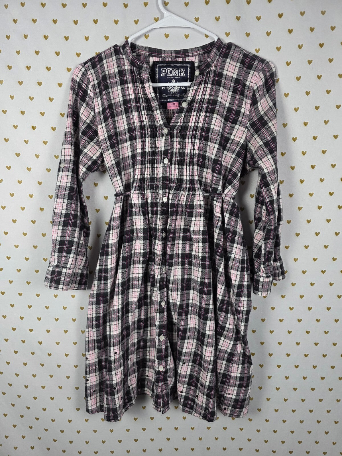 Victoria's Secret PINK Plaid Flannel Shirt Dress Rhinestone Hem Tie Waist M