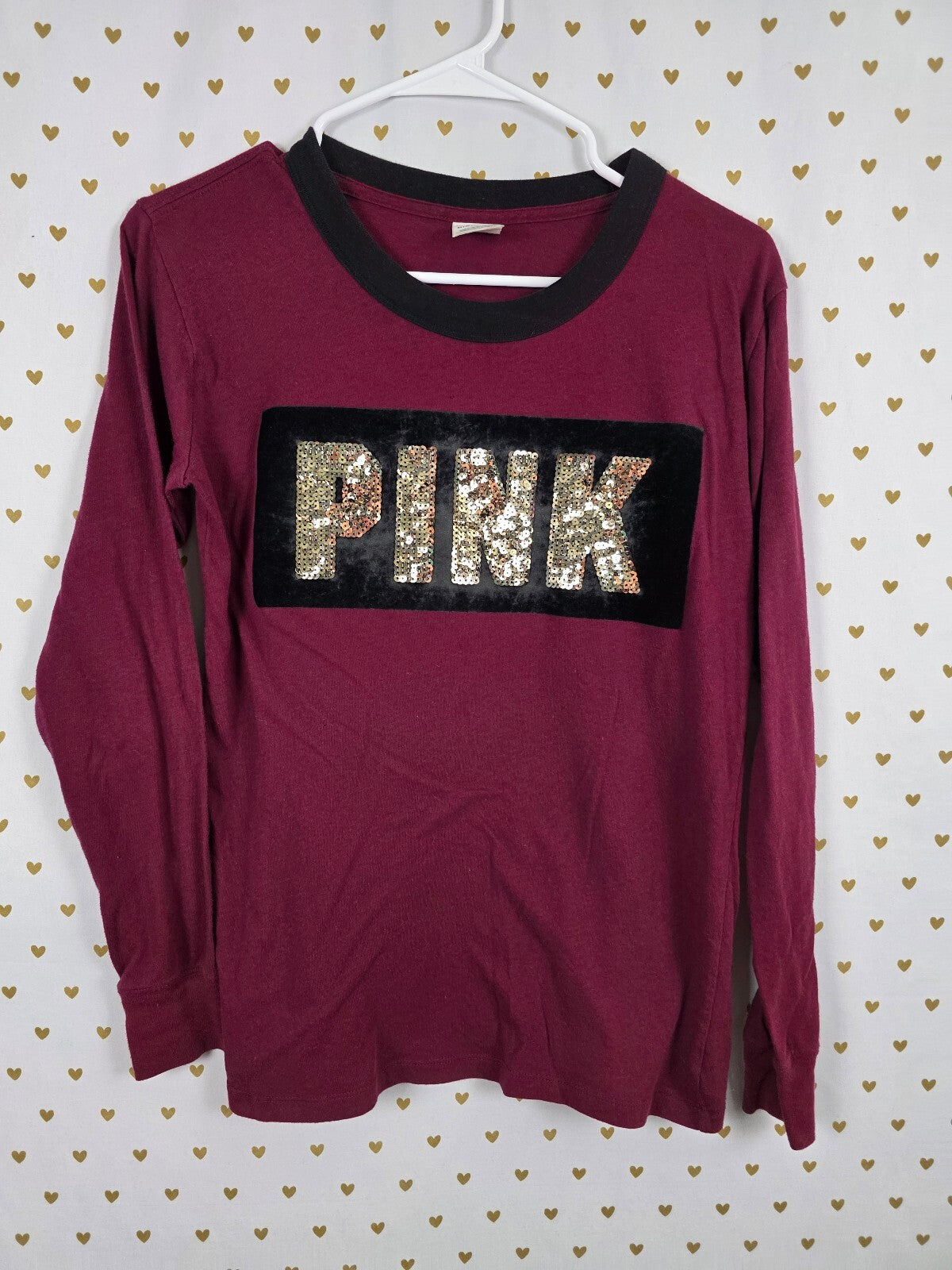 Victorias Secret PINK maroon Long Sleeve Bling Sequined tee shirt XS