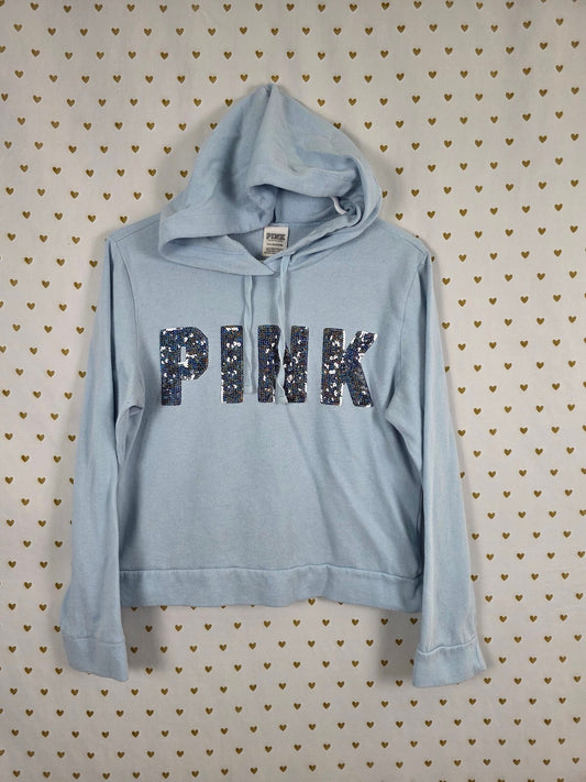 Victorias Secret Pink Bling Blue Sequined Hooded Sweater Shirt Small