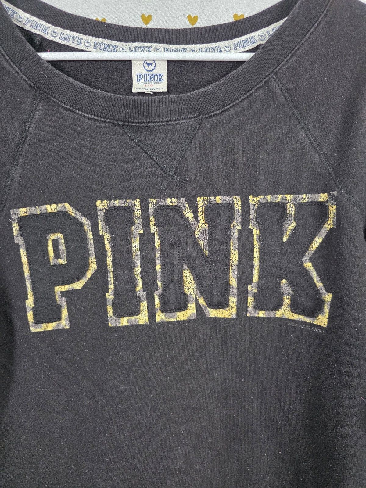 Victorias Secret Pink Leopard Logo Embroidered Vintage Y2k Crew Sweater Large