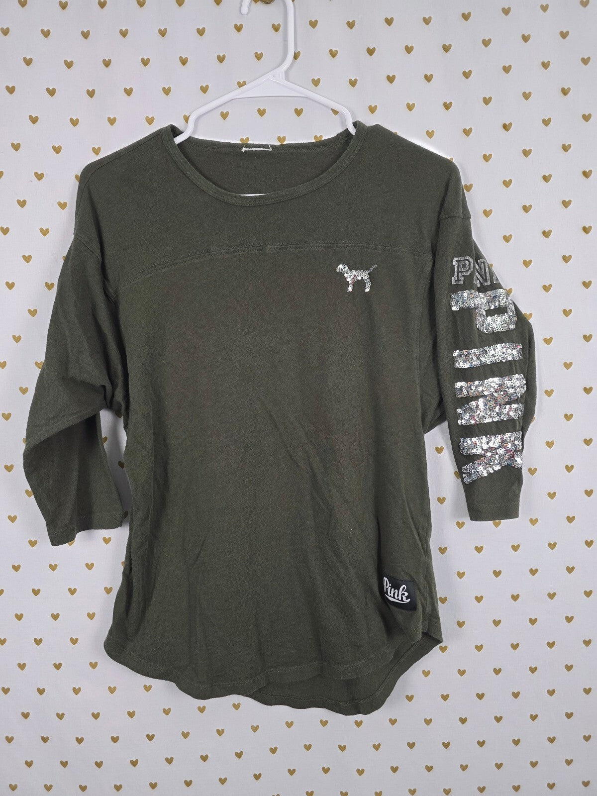 Victorias Secret PINK Green Bling Quarter Sleeve Sequined Tee shirt Small