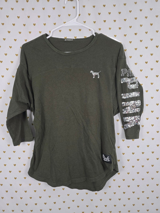 Victorias Secret PINK Green Bling Quarter Sleeve Sequined Tee shirt Small
