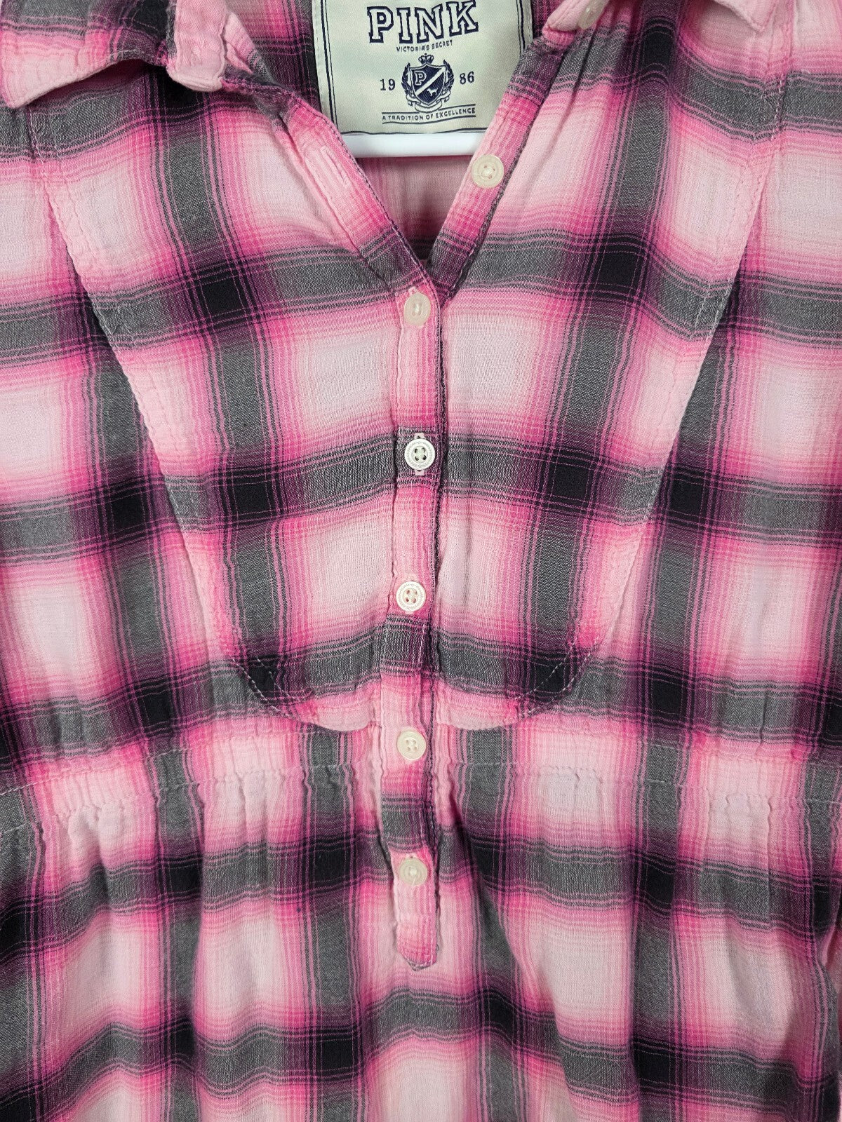 Vintage PINK Victoria's Secret Plaid Shirt Dress Tunic Pink Gray Small Y2K