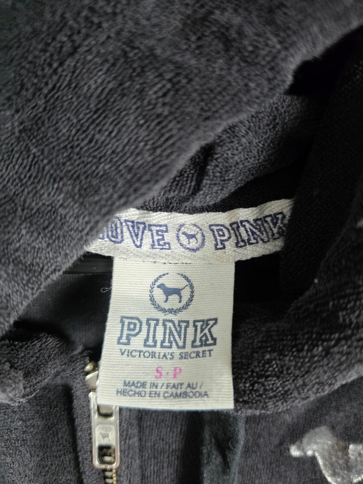 Victorias Secret Pink Vintage Y2K VELOUR Hooded Full Zip Black Jacket Sequin SM