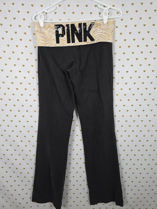 Victoria's Secret PINK Foldover Yoga Pants Gold Zebra Sequin Bling HTF Flare M