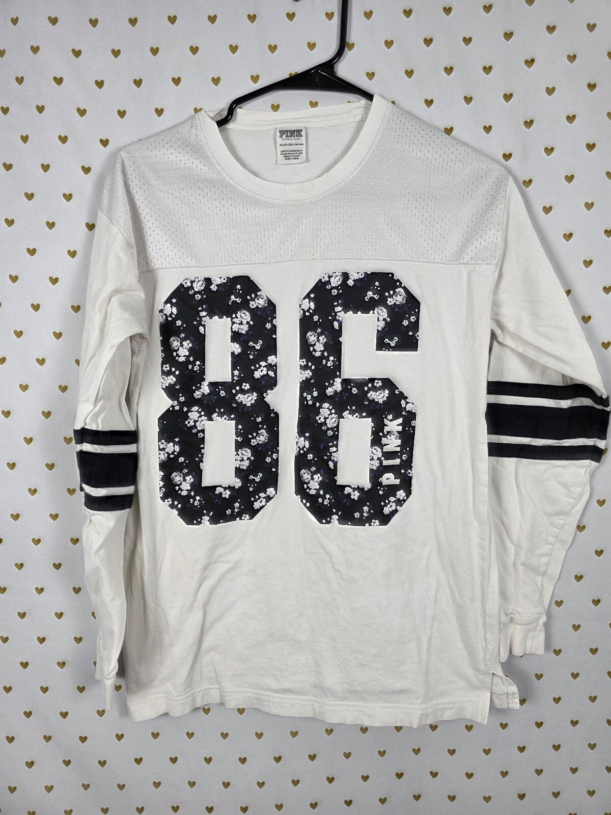 Victorias Secret PINK Floral 86 Jersey Tee Shirt White Long Sleeve XS Oversized