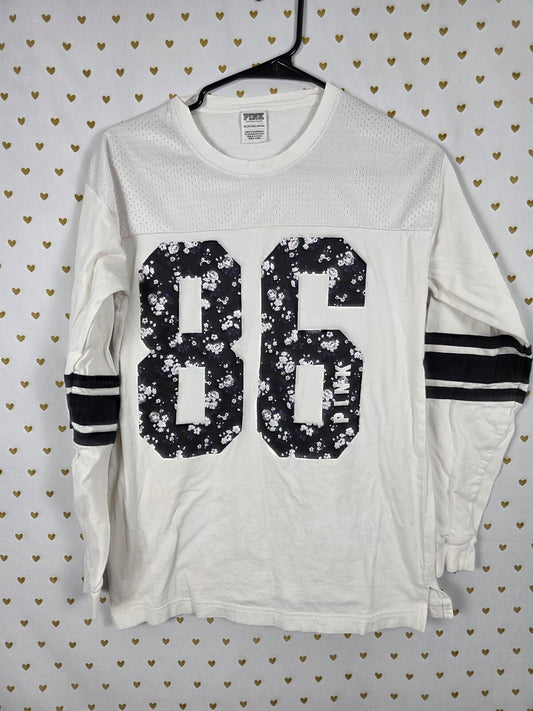 Victorias Secret PINK Floral 86 Jersey Tee Shirt White Long Sleeve XS Oversized