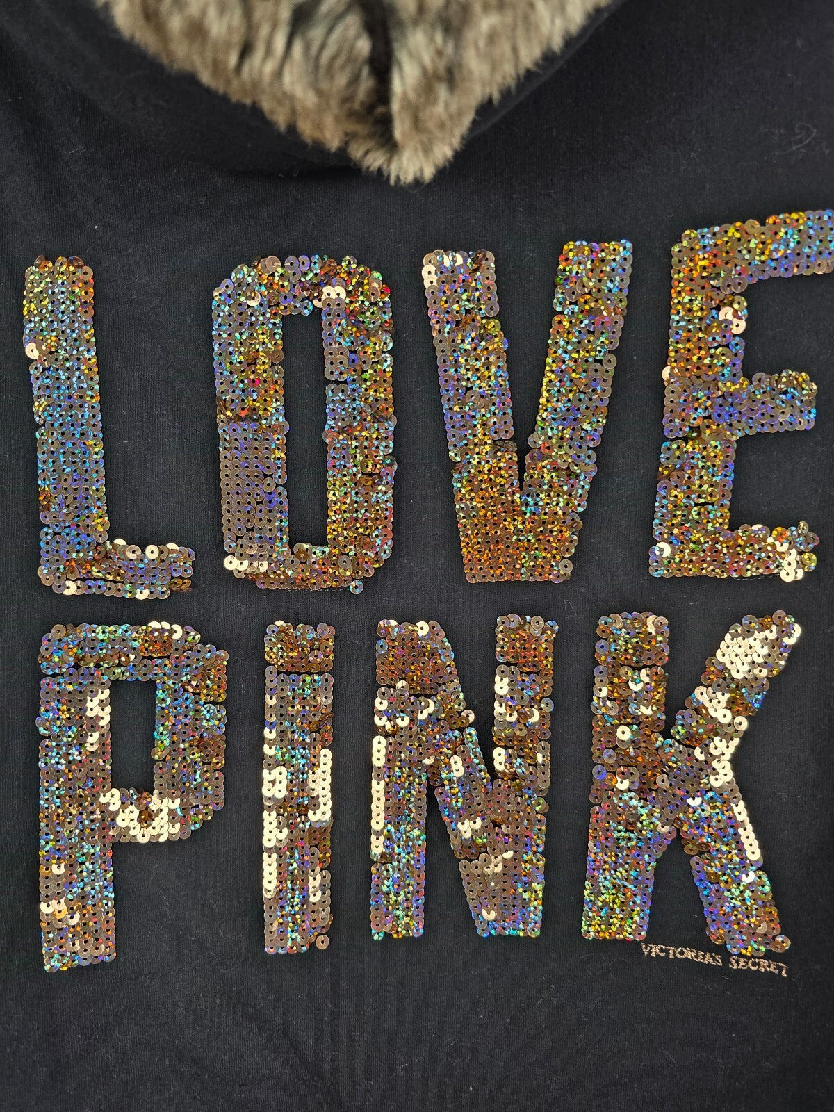 Victoria’s Secret PINK LOVE PINK Sequin BLING Faux Fur Zip Hoodie S Rare