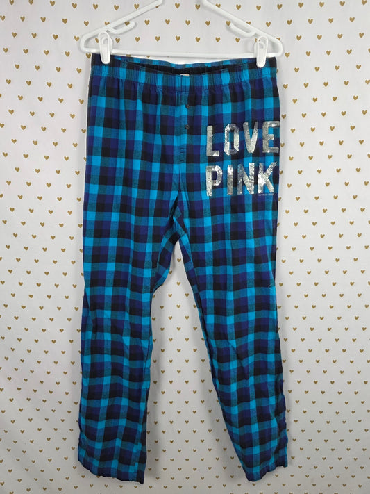 Victorias Secret PINK Plaid BLING Blue Sequined Med Sleep Pants Pajama PJ Bottom