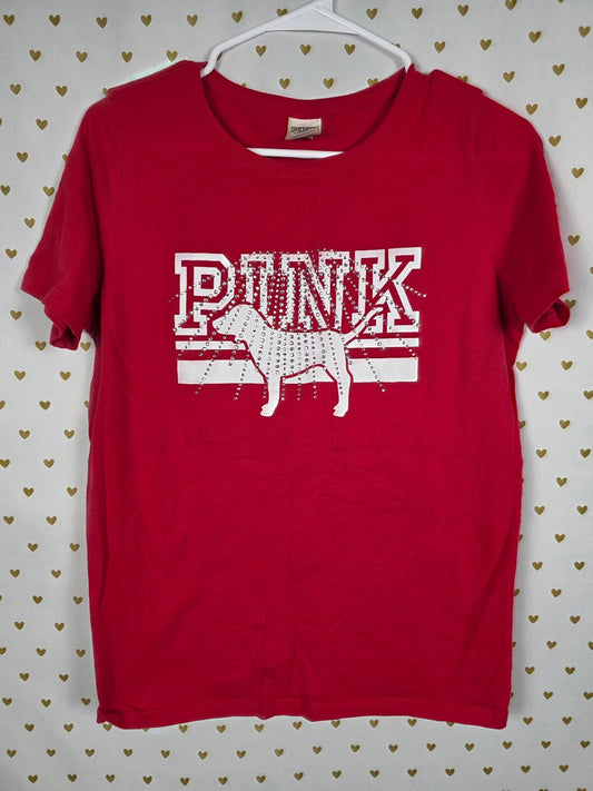 Victorias Secret PINK Red Studded BLING Dog Logo Tee Shirt MEDIUM