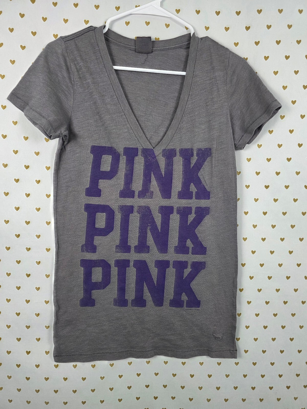 Victorias Secret PINK Vintage V neck logo Tee shirt Grey Medium