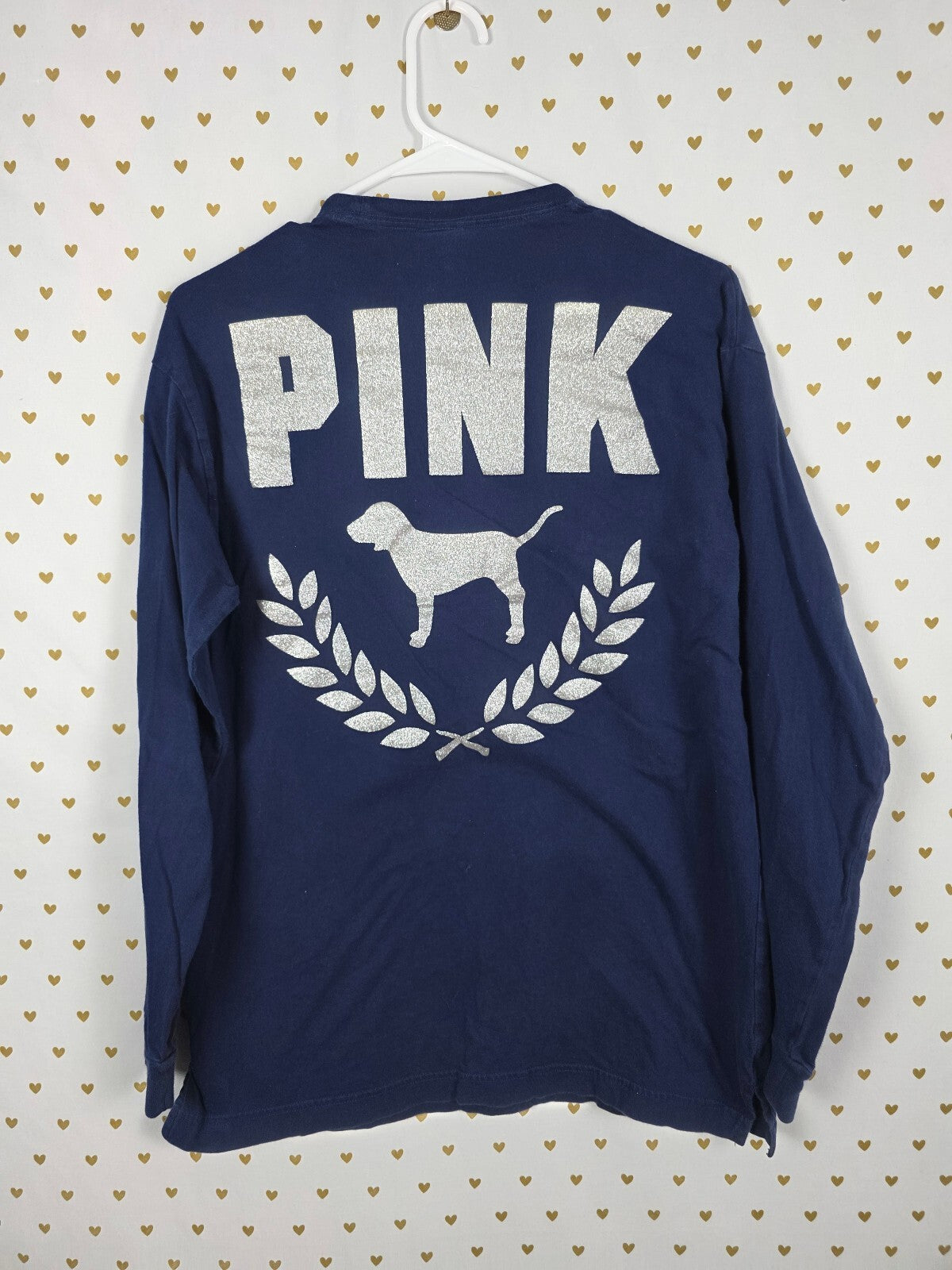Victorias Secret PINK GLITTER BLING Crest Dog Logo Tee shirt blue pocket Small