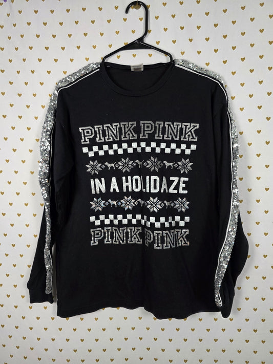 Victorias Secret PINK HOLIDAZE Bling Sequined Long Sleeve Christmas Tee shirt SM